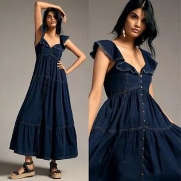 Pilcro and the Letterpress Dresses & Skirts - Pilcro Anthropologie Denim Ruffle Maxi Dress Indigo Blue Tiered Smocked Large